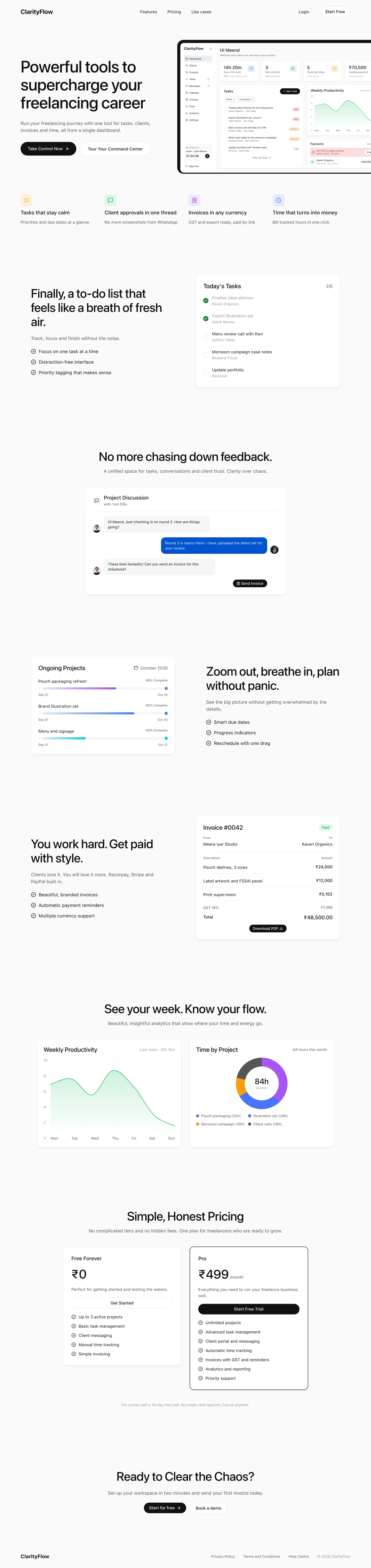 The ClarityFlow landing page