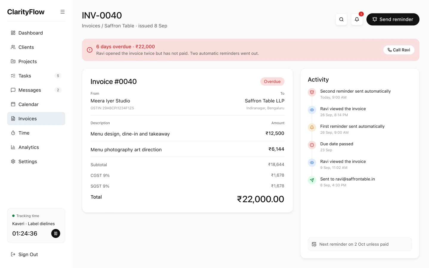 Overdue invoice with its reminder timeline