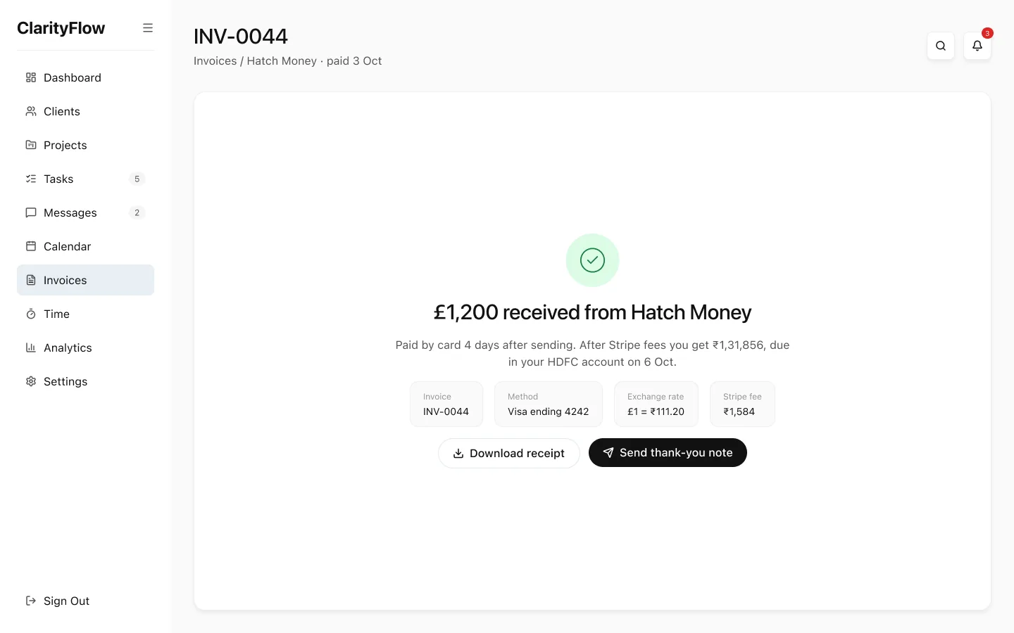 Invoice marked paid with its reminder timeline