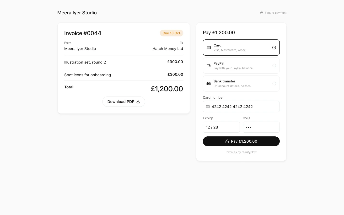Client payment page for a ClarityFlow invoice opened from a link