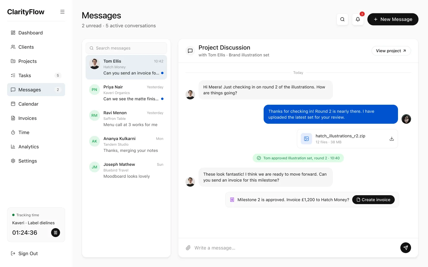 Project thread where the client approves round 2, with a Create invoice prompt