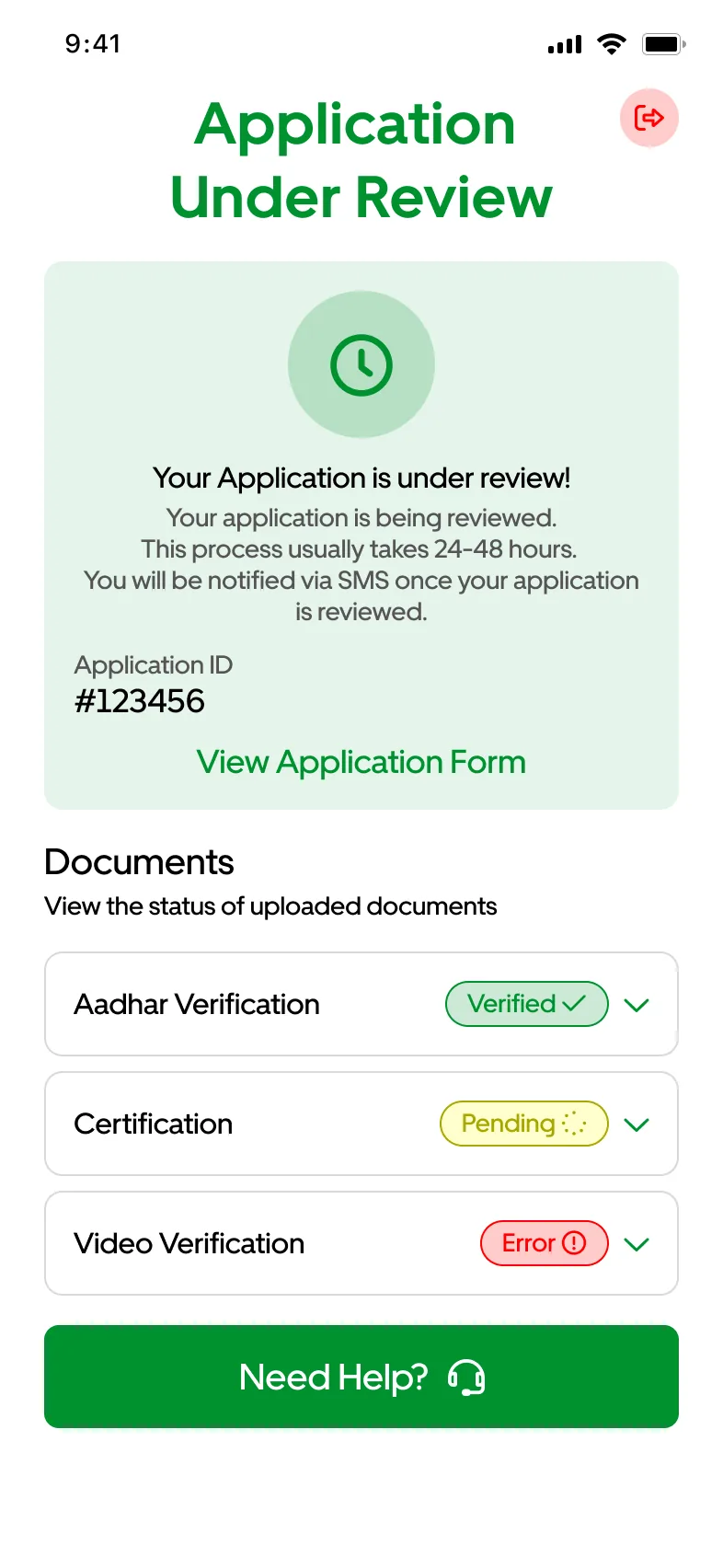 Application under review with the status of each document