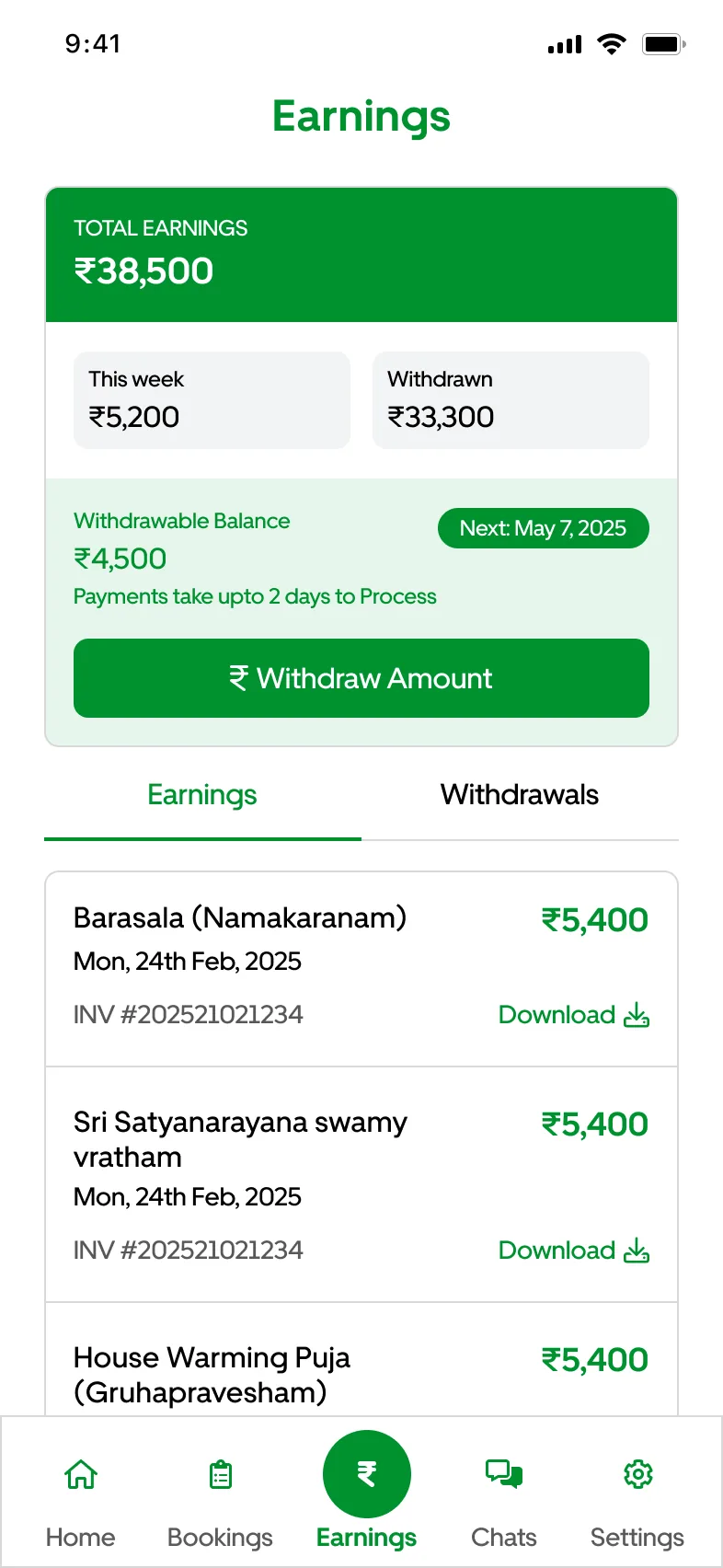 Pujari app earnings screen with payouts and invoices per puja