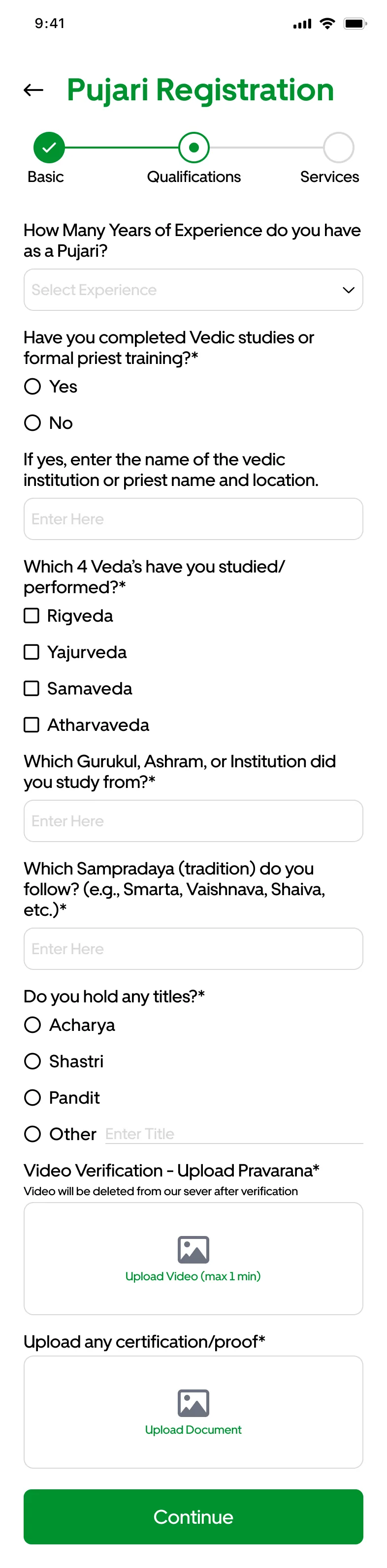 Pujari registration asking about Vedic studies, sampradaya, titles and a Pravarana video