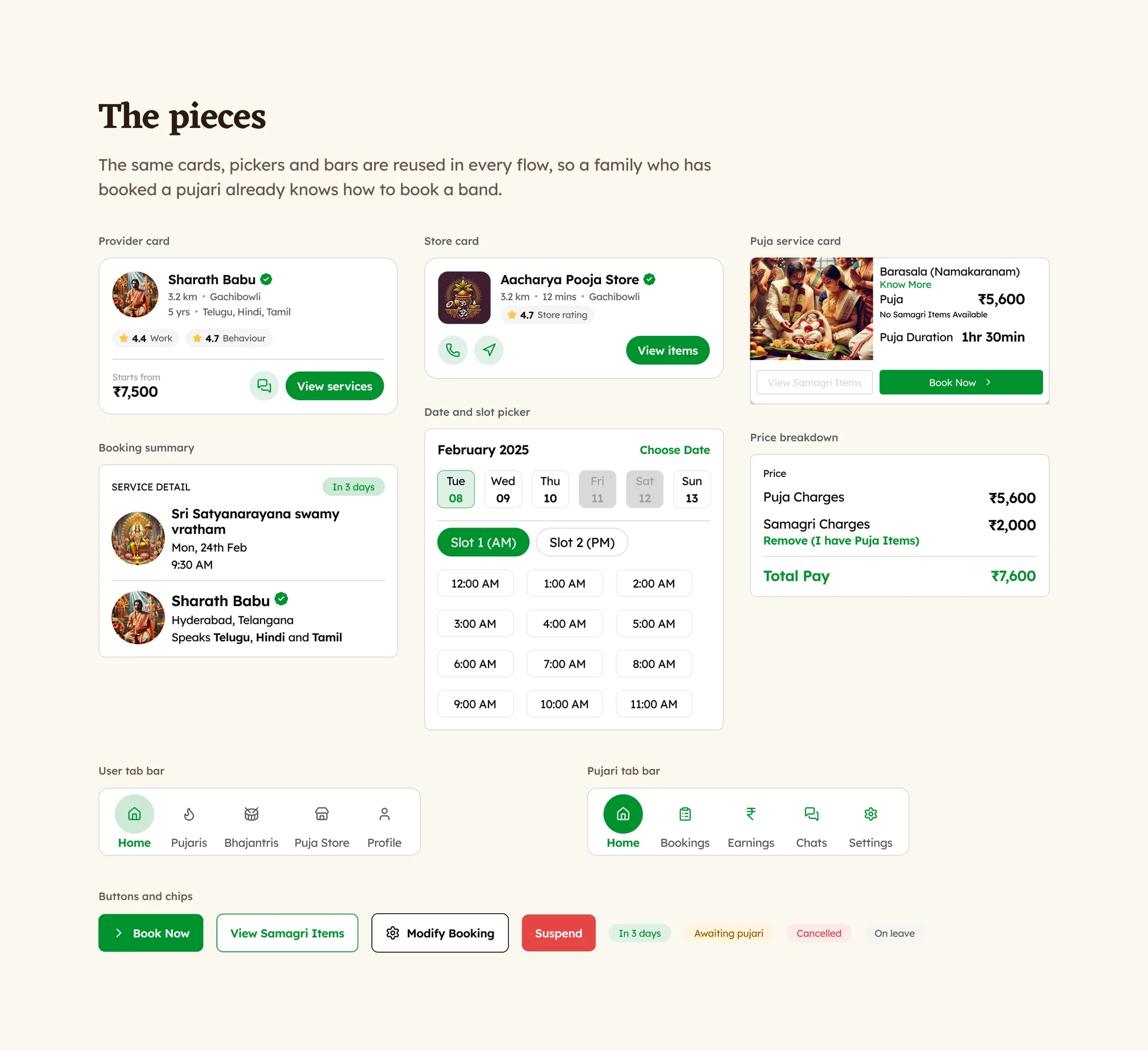 Provider card, store card, puja service card, booking summary, date and slot picker, price breakdown, tab bars and chips