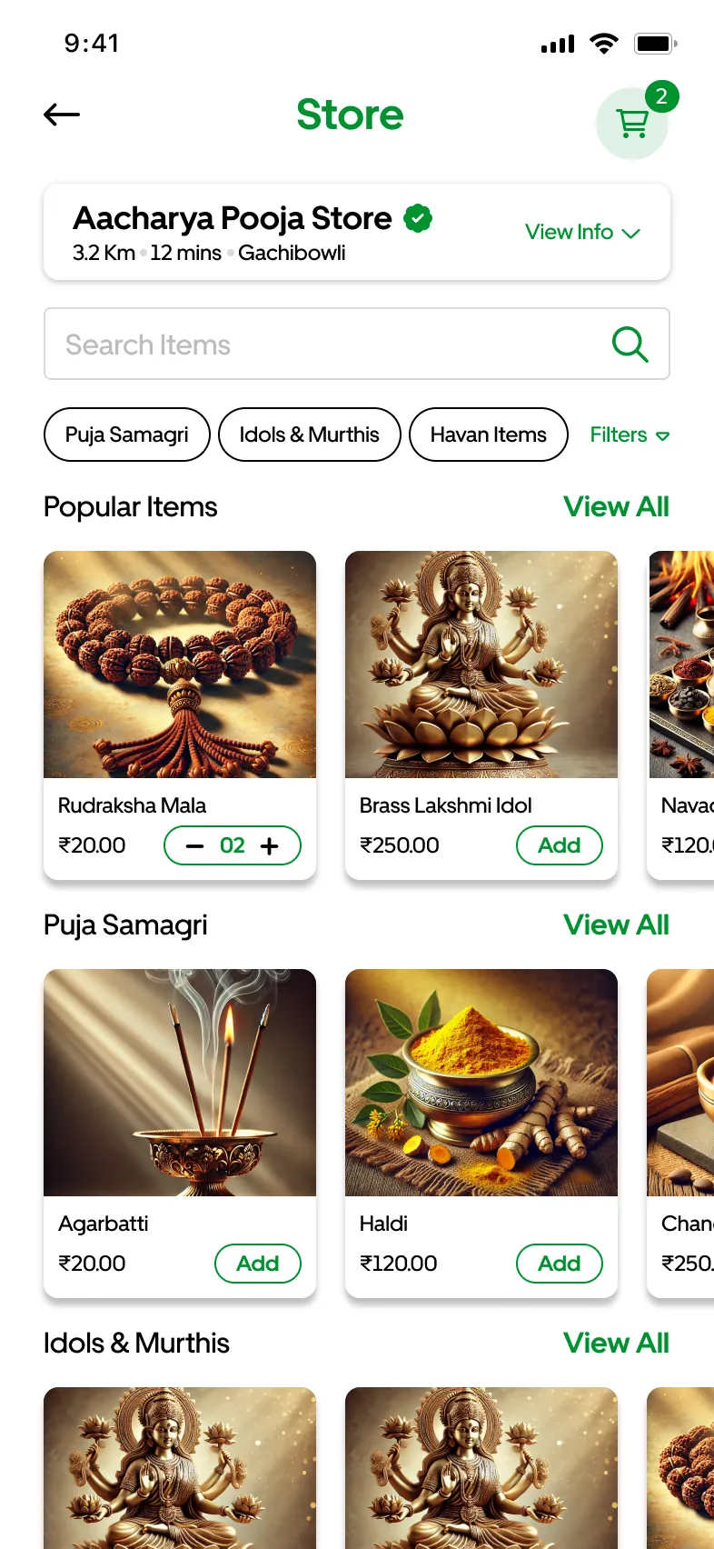 A samagri store with categories and popular items