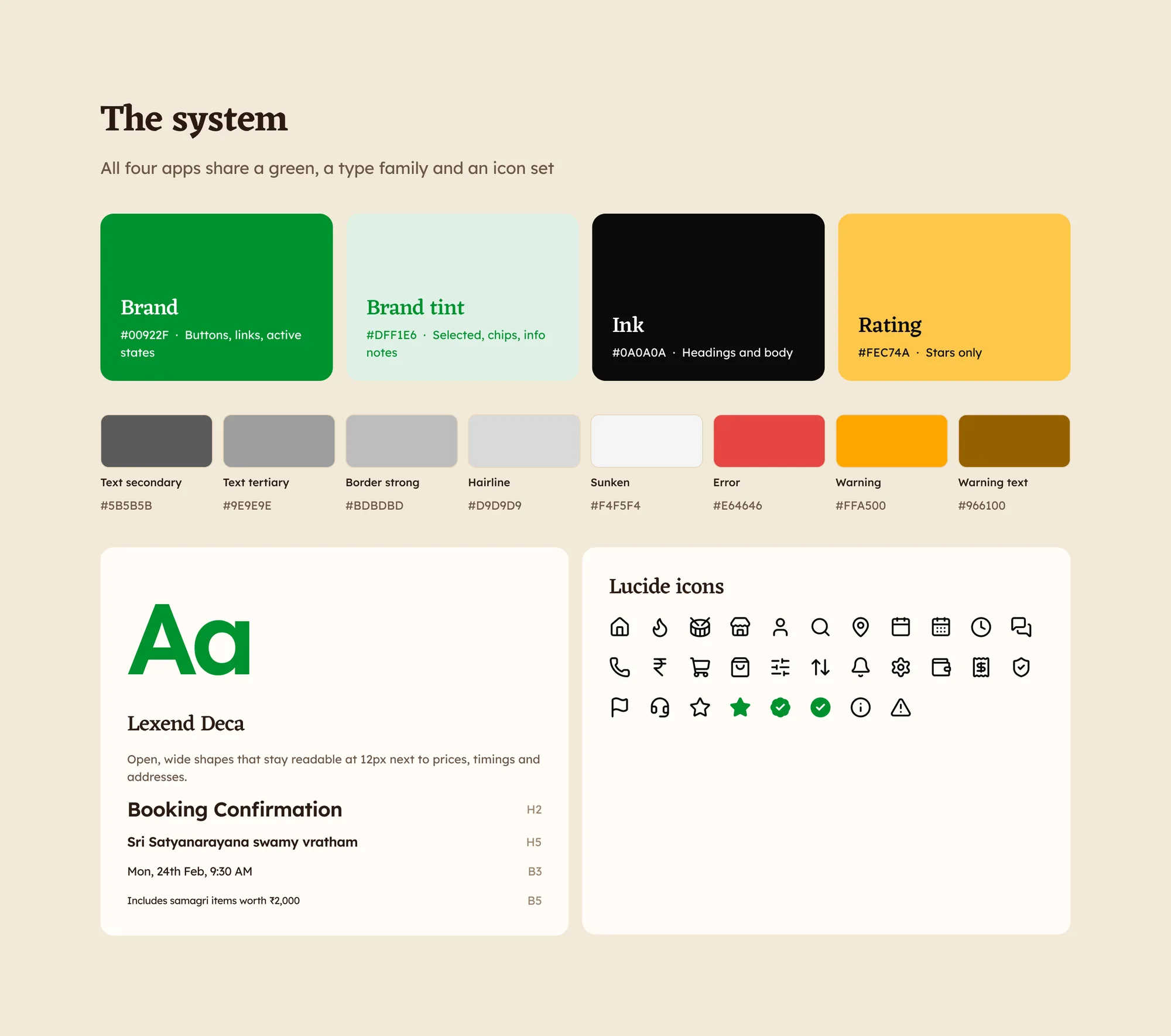 The Deepam system: brand green, brand tint, ink and rating colours, eight greys and status colours, the type scale from H2 to B5 and the Lucide icon set