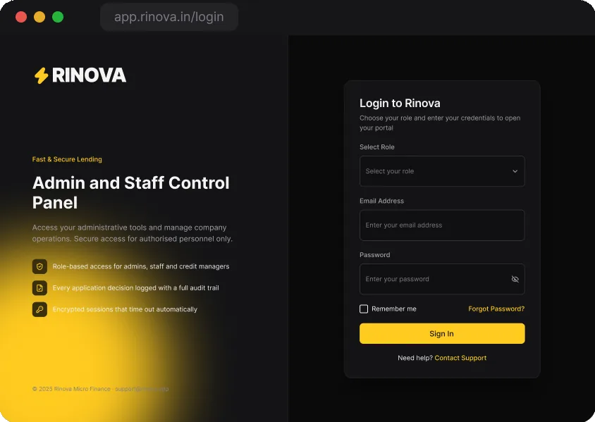 Sign-in for admin, staff and credit managers