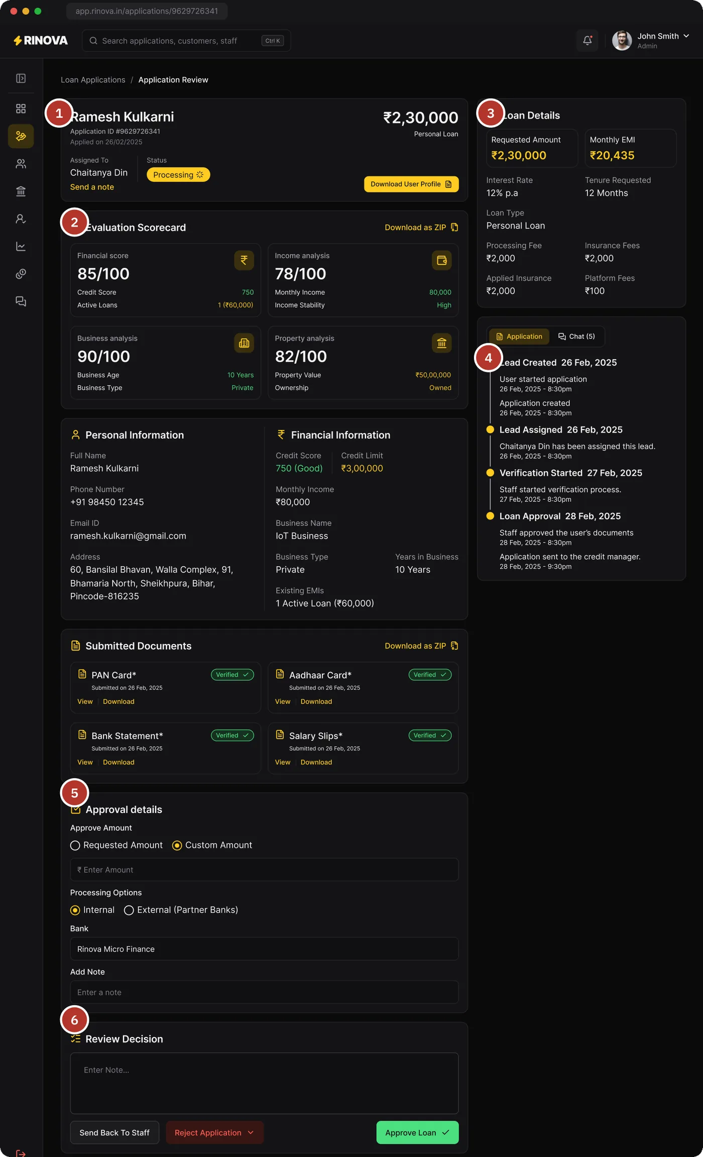 Application review screen for Ramesh Kulkarni, with six numbered parts