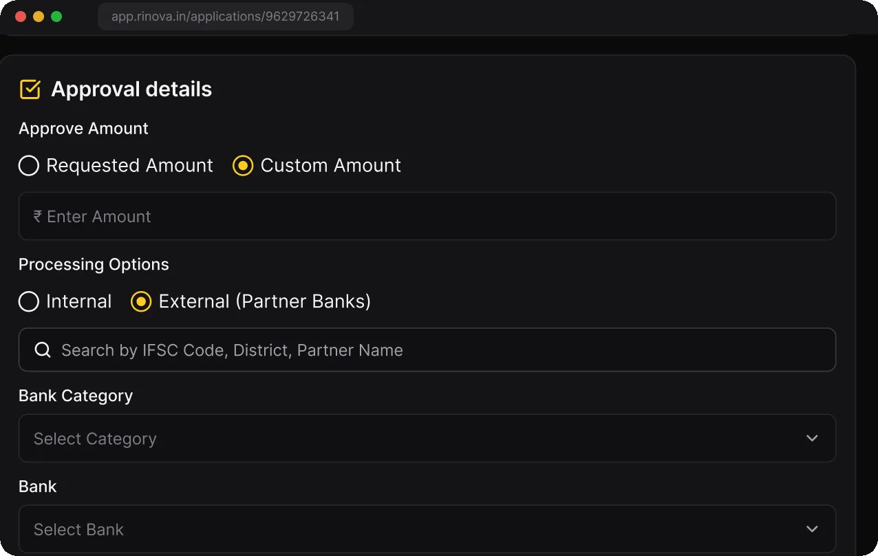 Credit manager approving an amount and choosing to route the file to external banks
