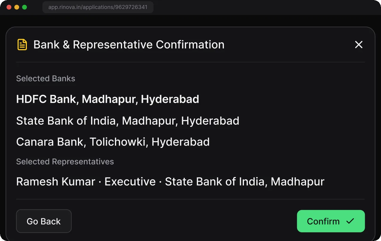 Confirmation listing every bank and representative the file will be sent to