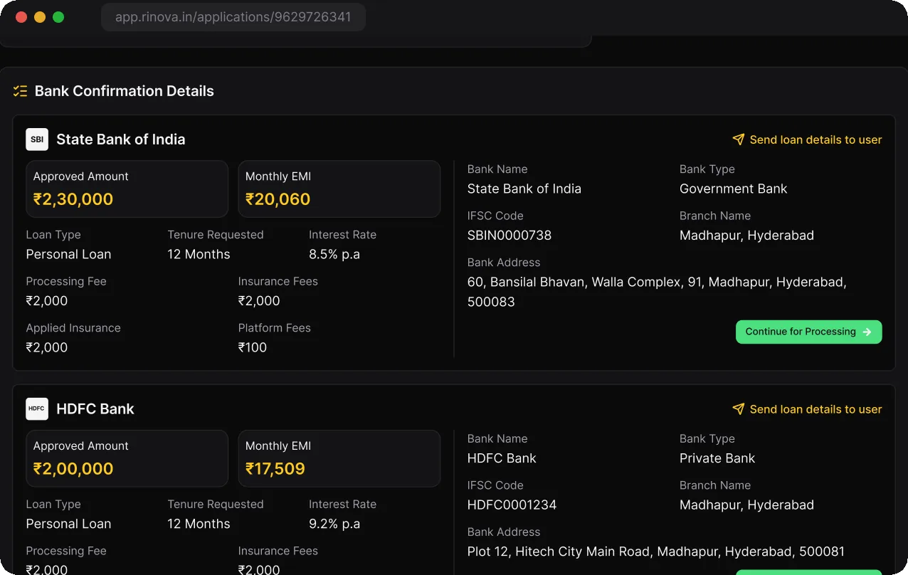 Bank replies compared side by side with amount, rate and EMI