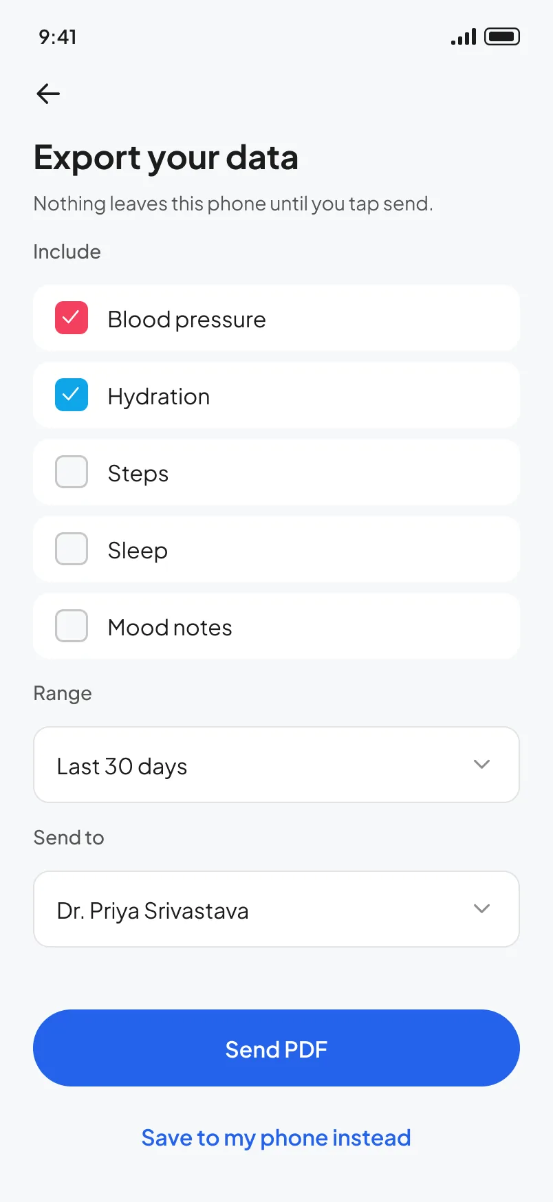 Export your data: choose metrics, range and doctor, then send a PDF