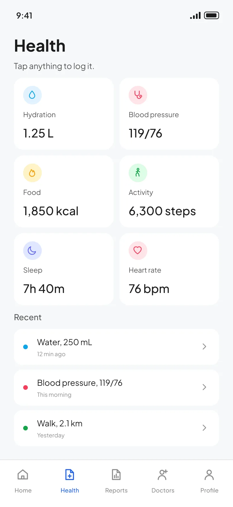 Health grid with every metric and today's value, recent entries underneath